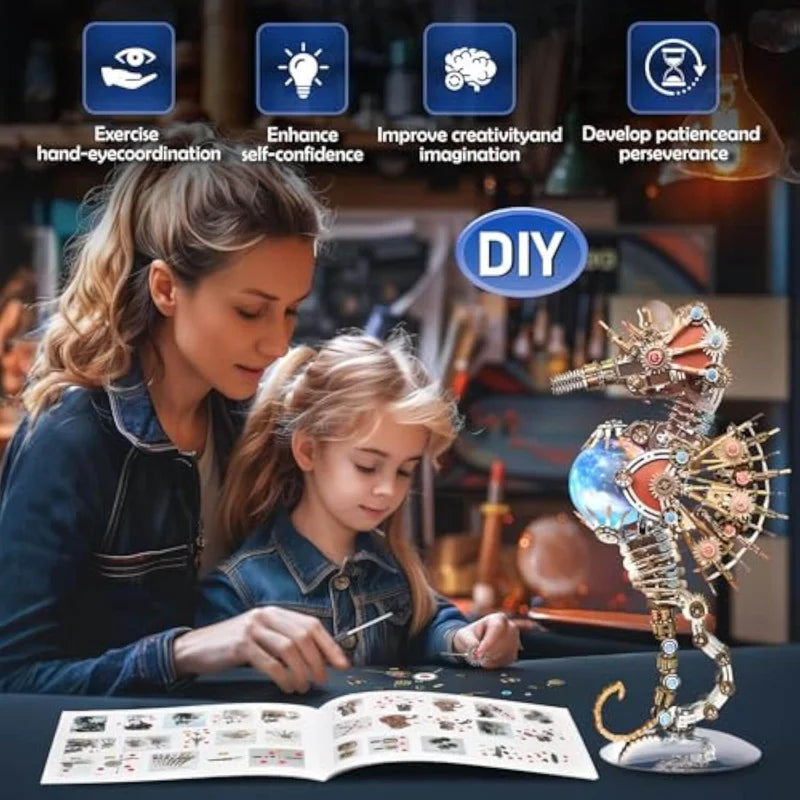 Kit de modèle d'hippocampe Steampunk en métal 3D 2100 pièces avec lumières LED - Puzzle mécanique à faire soi-même pour adultes - Cadeau parfait pour les collectionneurs et la décoration intérieure