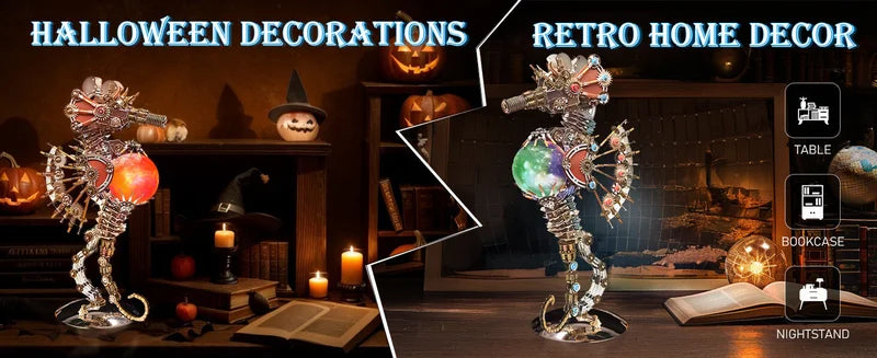 Kit de modèle d'hippocampe Steampunk en métal 3D 2100 pièces avec lumières LED - Puzzle mécanique à faire soi-même pour adultes - Cadeau parfait pour les collectionneurs et la décoration intérieure