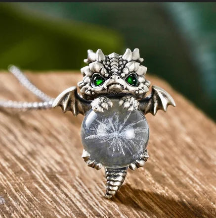 No.10 Free Gift --- Handmade Baby Dragon Pendant Necklace – Natural Gemstone Jewelry with Crystal Ball & Green Dragon Eyes | Unique Birthday Gift