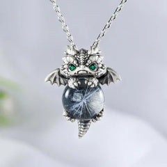 No.10 Free Gift --- Handmade Baby Dragon Pendant Necklace – Natural Gemstone Jewelry with Crystal Ball & Green Dragon Eyes | Unique Birthday Gift