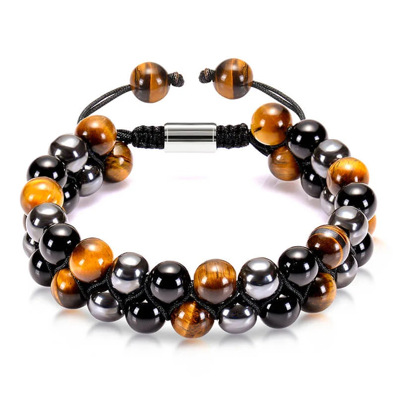 No.4 Free Gift --- Tigers Eye, Black Obsidian & Hematite 8mm Stone Beads: Triple Protection Bracelet for Men & Women