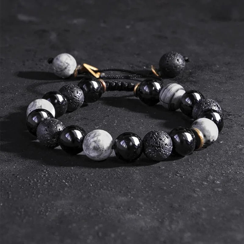 No.1 Free Gift --- Triple Protection Bracelet for Men Women, Handmade Natural Volcano Stone Bracelet, Healing Map Stone Bracelet, Obsidian Beaded Bracelet Adjustable Stretch Bracelets, Yoga Beads Bracelet