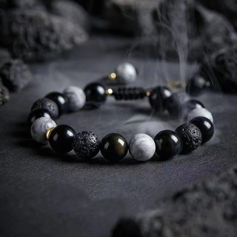 No.1 Free Gift --- Triple Protection Bracelet for Men Women, Handmade Natural Volcano Stone Bracelet, Healing Map Stone Bracelet, Obsidian Beaded Bracelet Adjustable Stretch Bracelets, Yoga Beads Bracelet