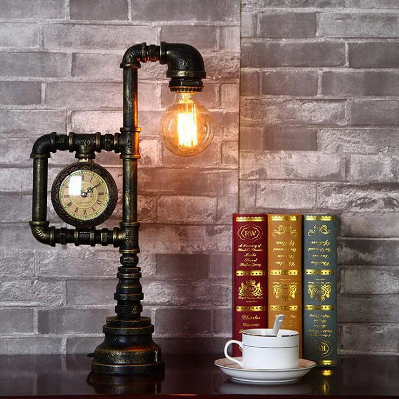 Steampunk Timekeeping: A Vintage Water Pipe LED Desk Lamp with Clock